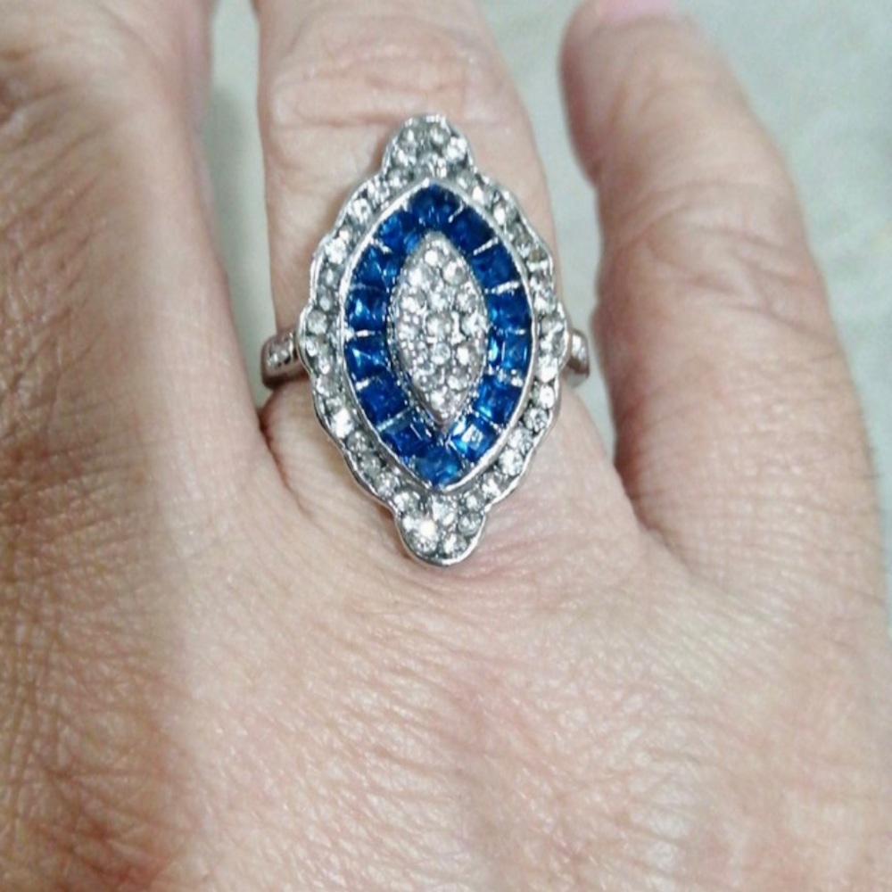 Silver Antique Art Deco Vintage Victorian Blue White Sapphire Topaz Ring size 5 - Picture 7 of 7